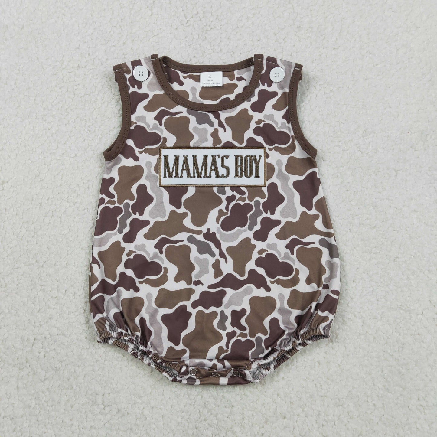 SR3889 Embroidered MAMA'S Boy Camouflage Brown Sleeveless Boys Bubble Romper 202601 RTS