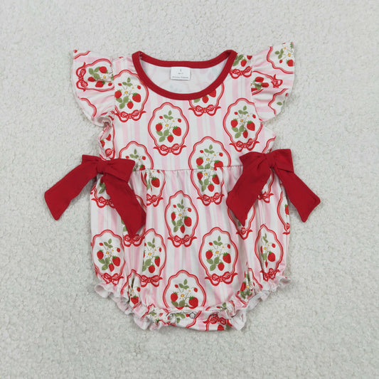 SR3890 Strawberry Red Bows Pink Stripe Flying Sleeve Girls Bubble Romper 202601 RTS
