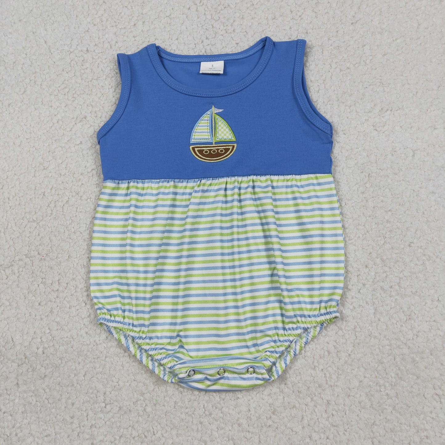SR3892 Embroidered Sailboat Blue Green Stripe Sleeveless Boys Bubble Romper 202605 RTS