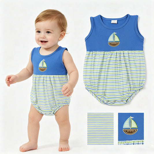 SR3892 Embroidered Sailboat Blue Green Stripe Sleeveless Boys Bubble Romper 202605 RTS