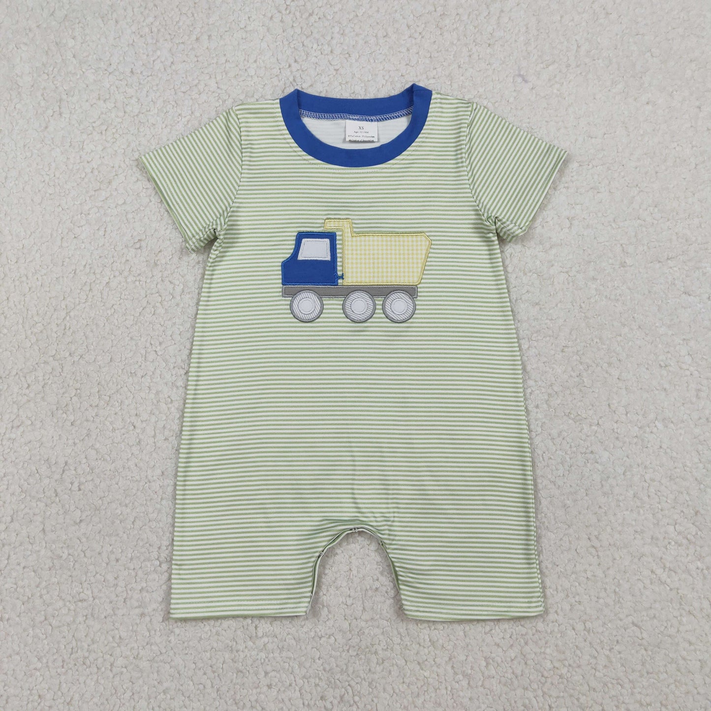 SR3893 Embroidered Truck Pattern Green Stripe Blue O-Neck Short Sleeve Boys Romper 202603 RTS