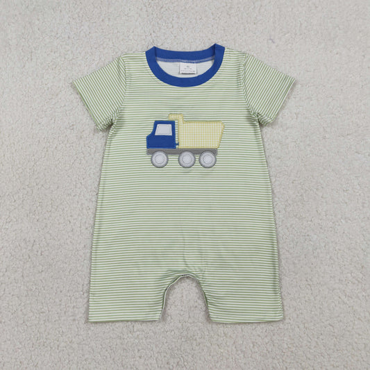 SR3893 Embroidered Truck Pattern Green Stripe Blue O-Neck Short Sleeve Boys Romper 202603 RTS