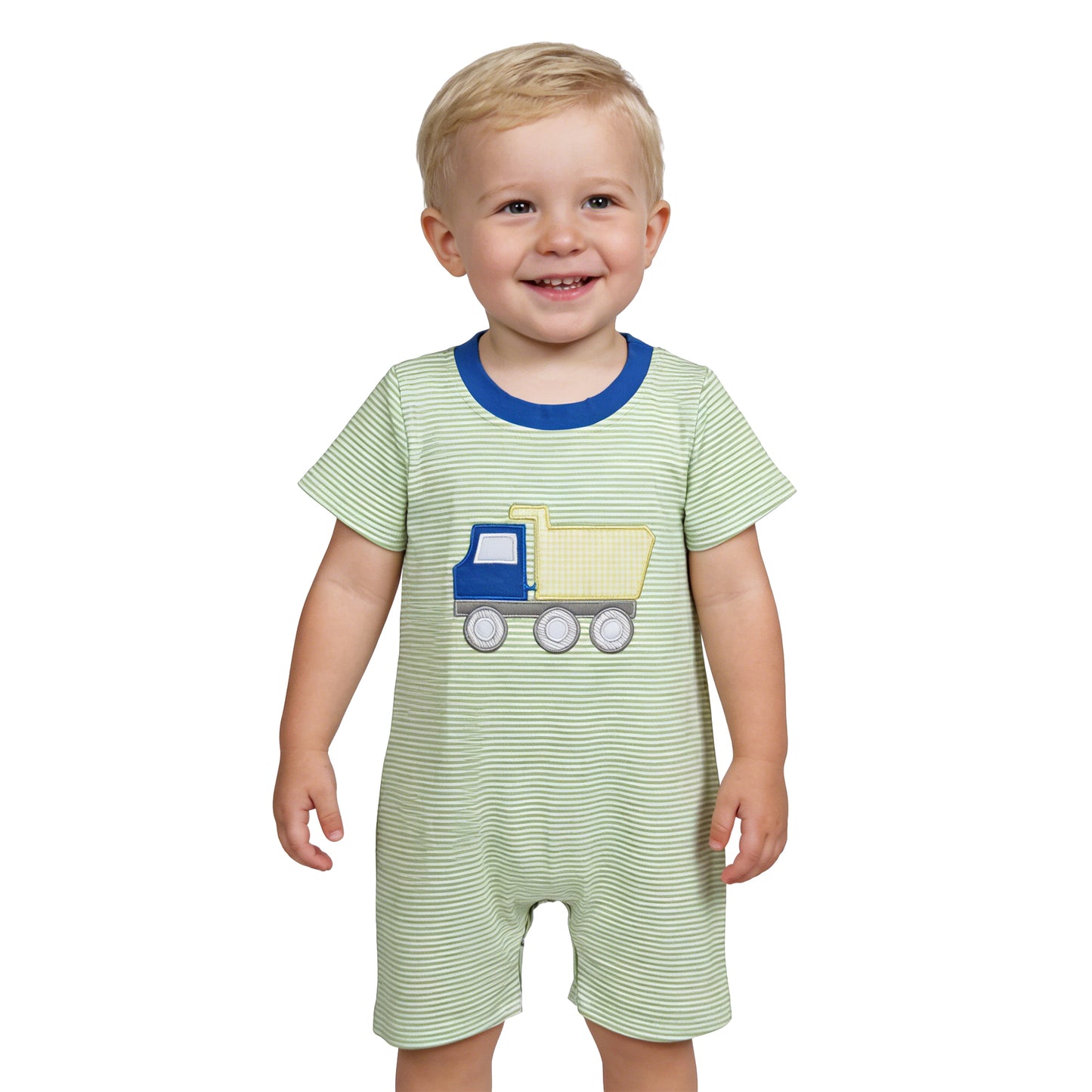 SR3893 Embroidered Truck Pattern Green Stripe Blue O-Neck Short Sleeve Boys Romper 202603 RTS