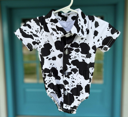 MOQ 5 PCS preorder SR3897 Cow Print Buttons Polo Short Sleeve Boys Bubble Romper 202601