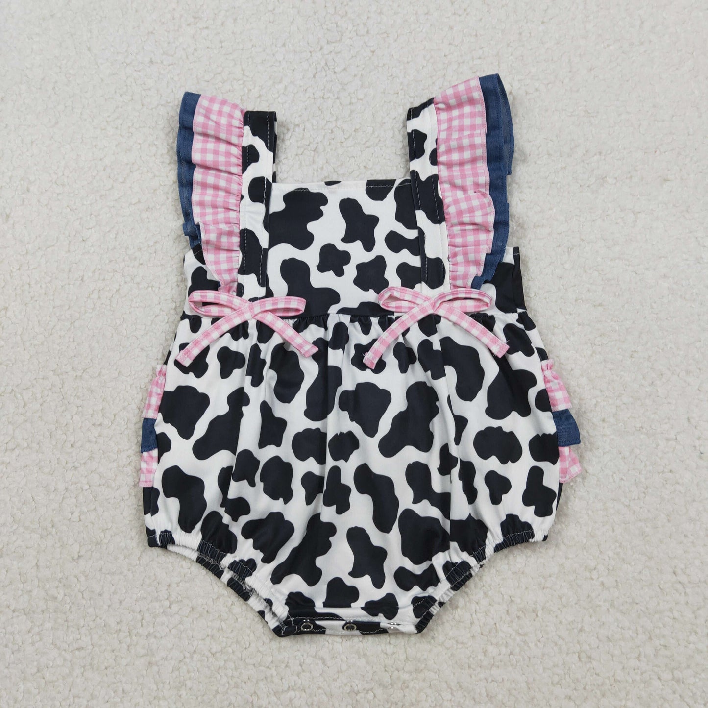 SR3898 Cow Print Pink Plaid Ruffle Flying Sleeve Girls Bubble Romper 202603 RTS