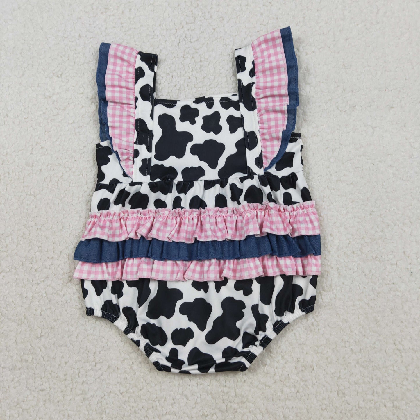 SR3898 Cow Print Pink Plaid Ruffle Flying Sleeve Girls Bubble Romper 202603 RTS
