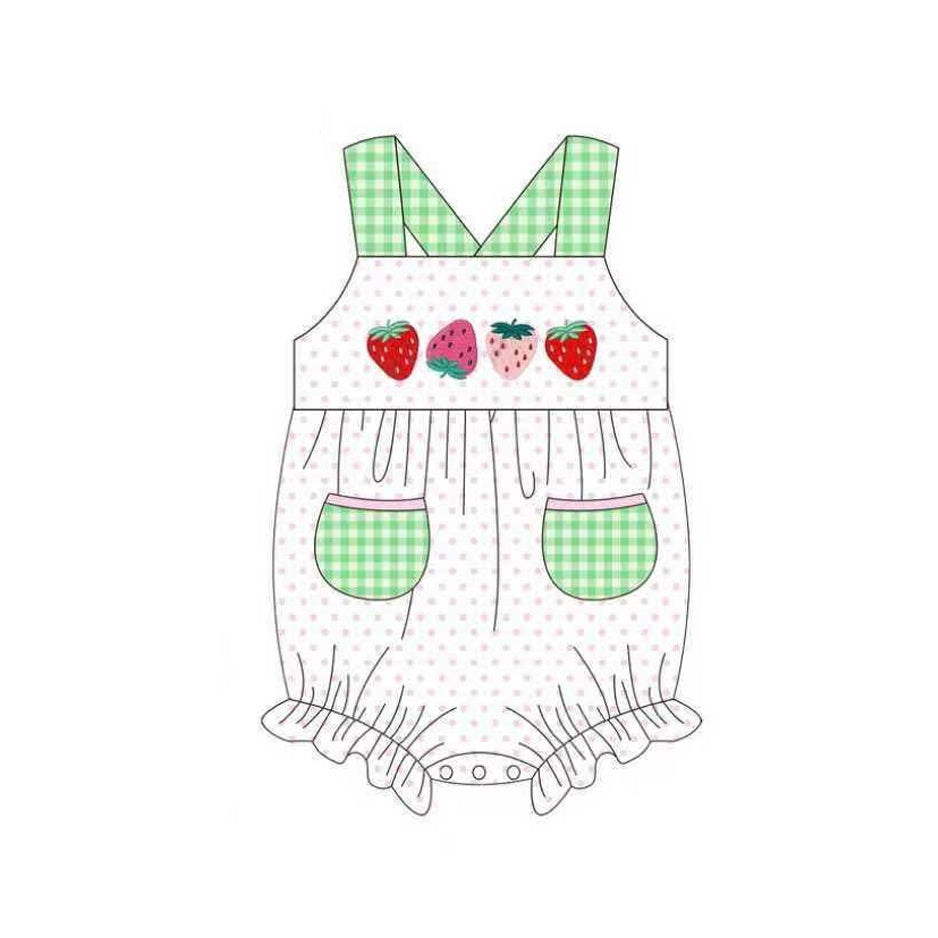 MOQ 5 PCS preorder SR3899 Strawberry Dots Green Plaid Pocket Sleeveless Girls Bubble Romper 202601