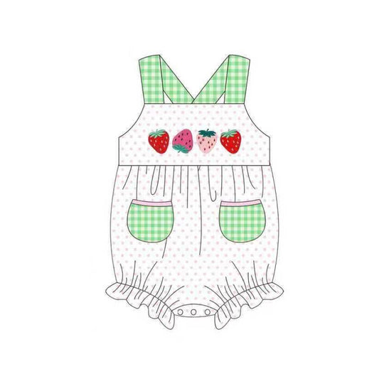 MOQ 5 PCS preorder SR3899 Strawberry Dots Green Plaid Pocket Sleeveless Girls Bubble Romper 202601