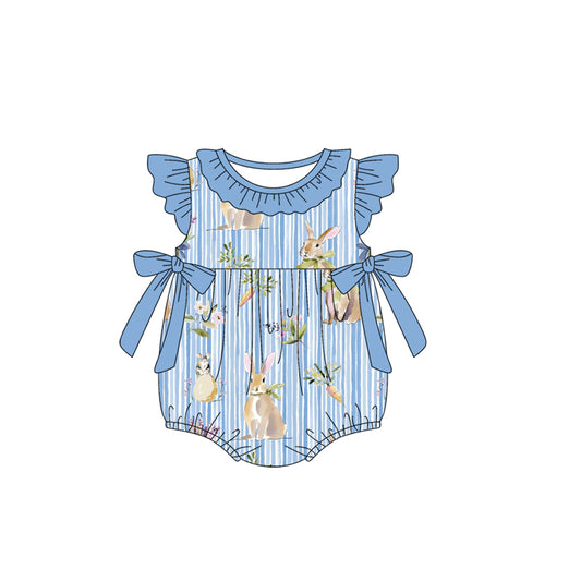MOQ 5 PCS preorder SR3901 Easter Bunny Flower Stripe Bows Blue Ruffle Flying Sleeve Girls Bubble Romper 202601