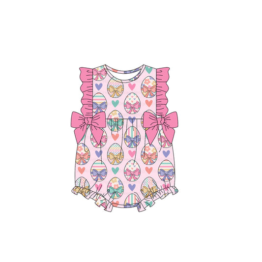 MOQ 5 PCS preorder SR3902 Easter Colored Eggs Pink Bows Ruffle Sleeveless Girls Bubble Romper 202601