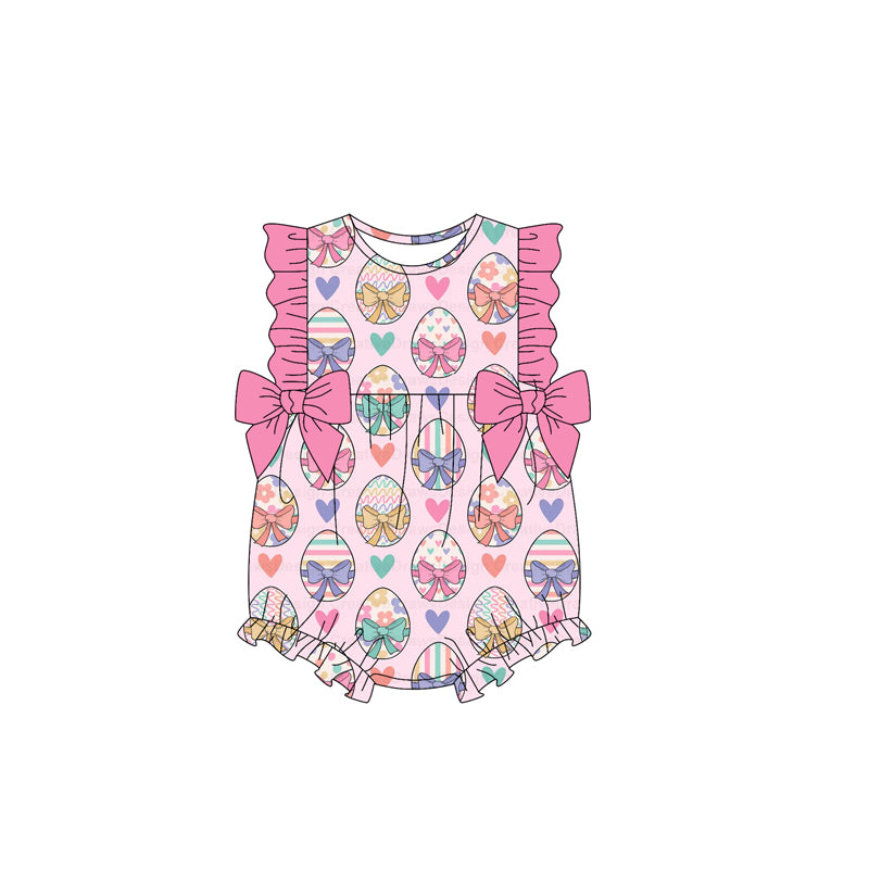 MOQ 5 PCS preorder SR3902 Easter Colored Eggs Pink Bows Ruffle Sleeveless Girls Bubble Romper 202601