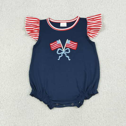 SR3903 Embroidered 4th of July Flag Bow Red Stripe Flying Sleeve Navy Girls Bubble Romper 202604 RTS
