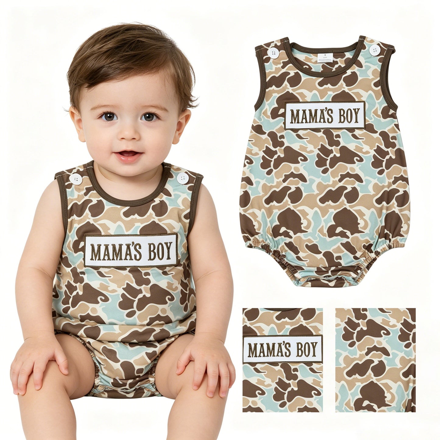 SR3907 MAMA'S BOY Blue Green Brown Camouflage Sleeveless Boys Bubble Romper 202605 RTS