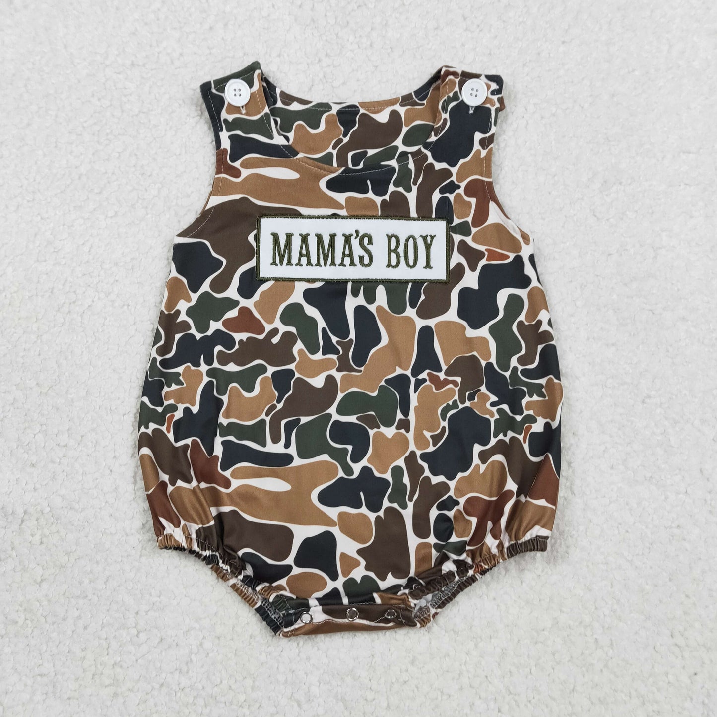 SR3908 Embroidered MAMA'S BOY Brown Green Camouflage Sleeveless Boys Bubble Romper 202602 RTS