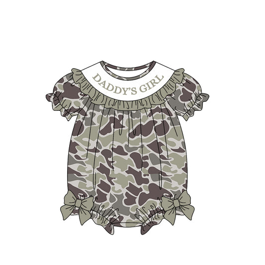 MOQ 5 PCS preorder SR3912 DADDY'S GIRL Ruffle Gray Green Brown Camouflage Short Sleeve Girls Bubble Romper 202601