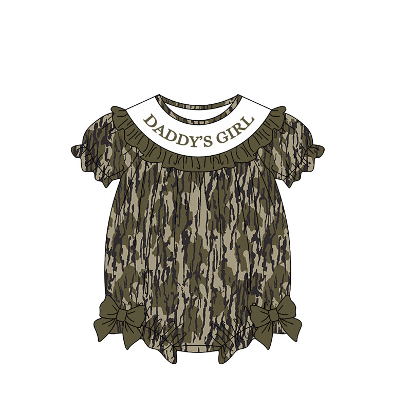 MOQ 5 PCS preorder SR3913 DADDY'S GIRL Ruffle Army Green Brown Camouflage Leaf Short Sleeve Girls Bubble Romper 202601