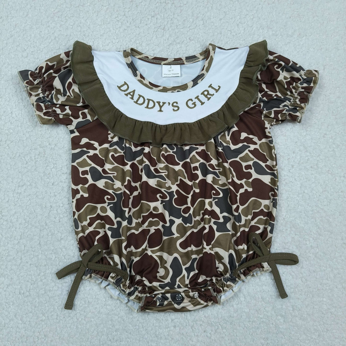 SR3919 Embroidered ADDY'S GIRL Ruffle Army Green Brown Camouflage Short Sleeve Girls Bubble Romper 202604 RTS