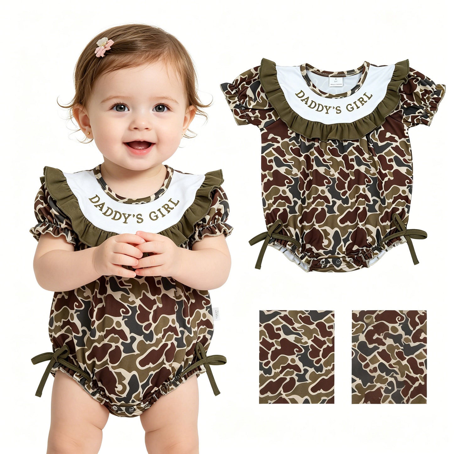 SR3919 Embroidered ADDY'S GIRL Ruffle Army Green Brown Camouflage Short Sleeve Girls Bubble Romper 202604 RTS