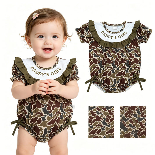 SR3919 Embroidered ADDY'S GIRL Ruffle Army Green Brown Camouflage Short Sleeve Girls Bubble Romper 202604 RTS