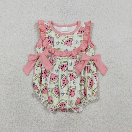 SR3920  Watermelon Flower Plaid Bows Pink Ruffle Sleeveless Girls Bubble Romper 202603 RTS