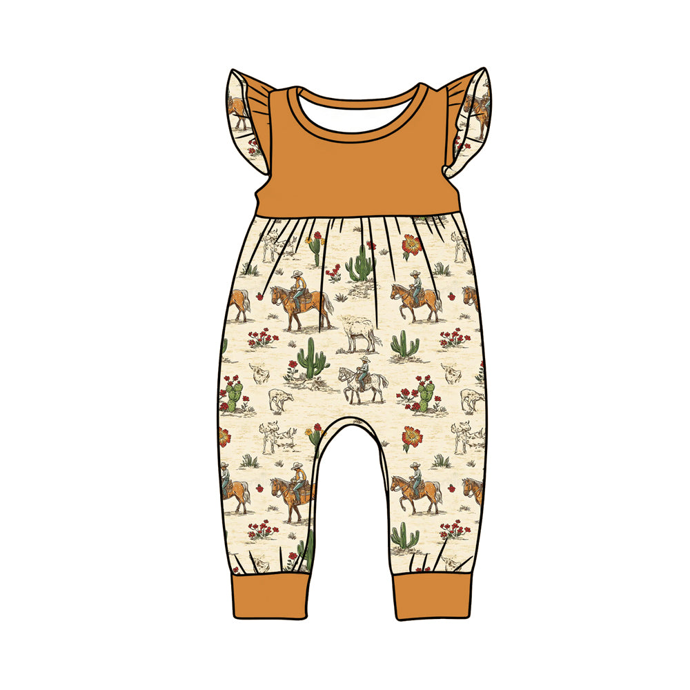 MOQ 5 PCS preorder SR3921  Cowgirl Cactus Horse Riding Brown Flying Sleeve Girls Romper 202601