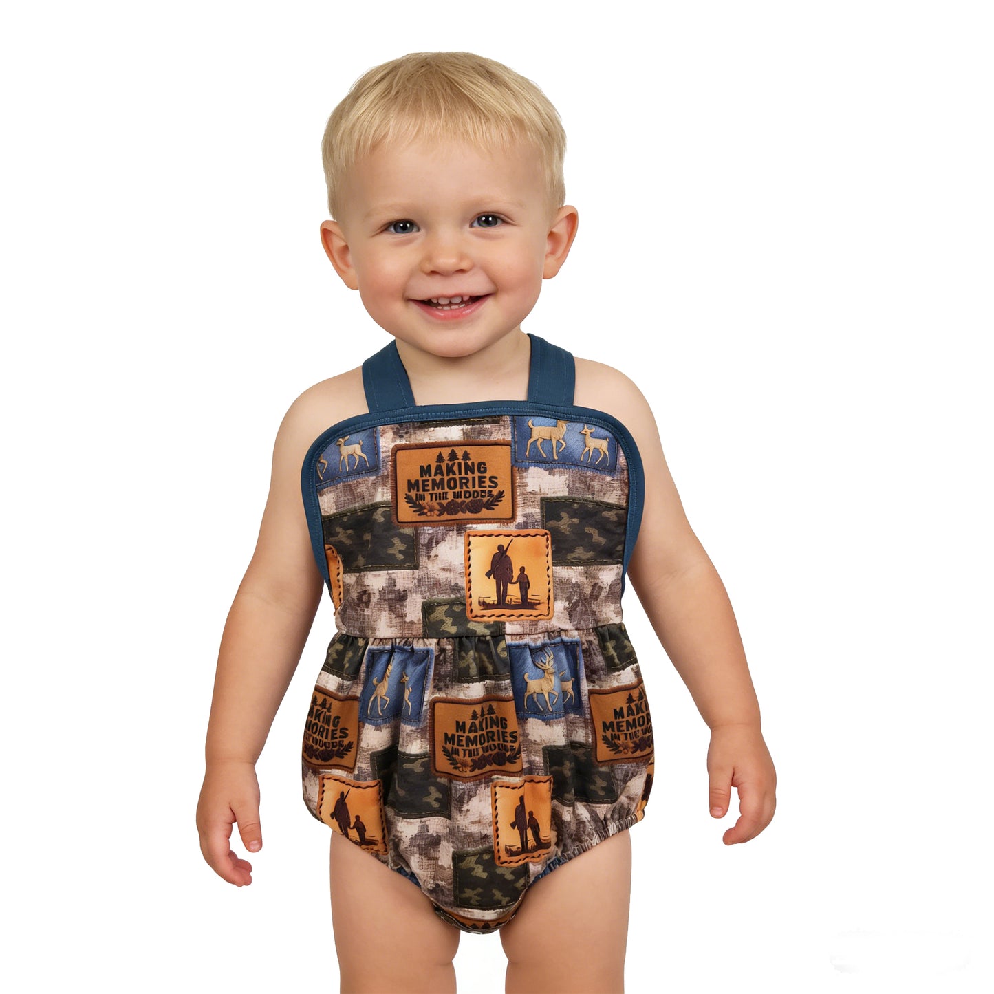 SR3925 Deer Hunting Camouflage Dark Blue Sleeveless Boys Bubble Romper 202603 RTS
