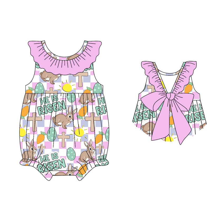 MOQ 5 PCS preorder SR3929 Easter Bunny Colored Eggs Plaid Purple Pink Ruffle Sleeveless Girls Bubble Romper 202601