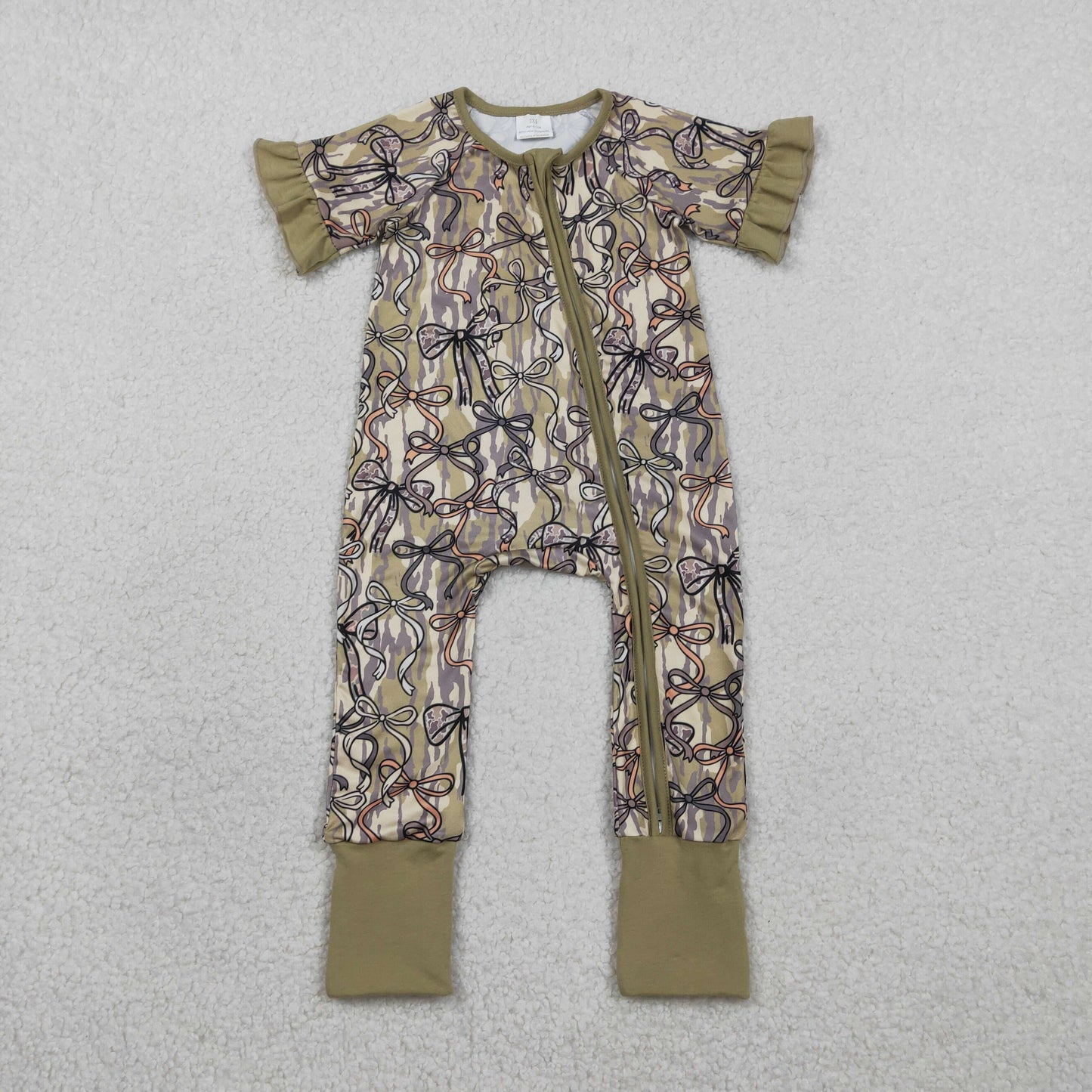 SR3931 Bows Army Green Camouflage Ruffle Zip Short Sleeve Girls Romper 202602 RTS
