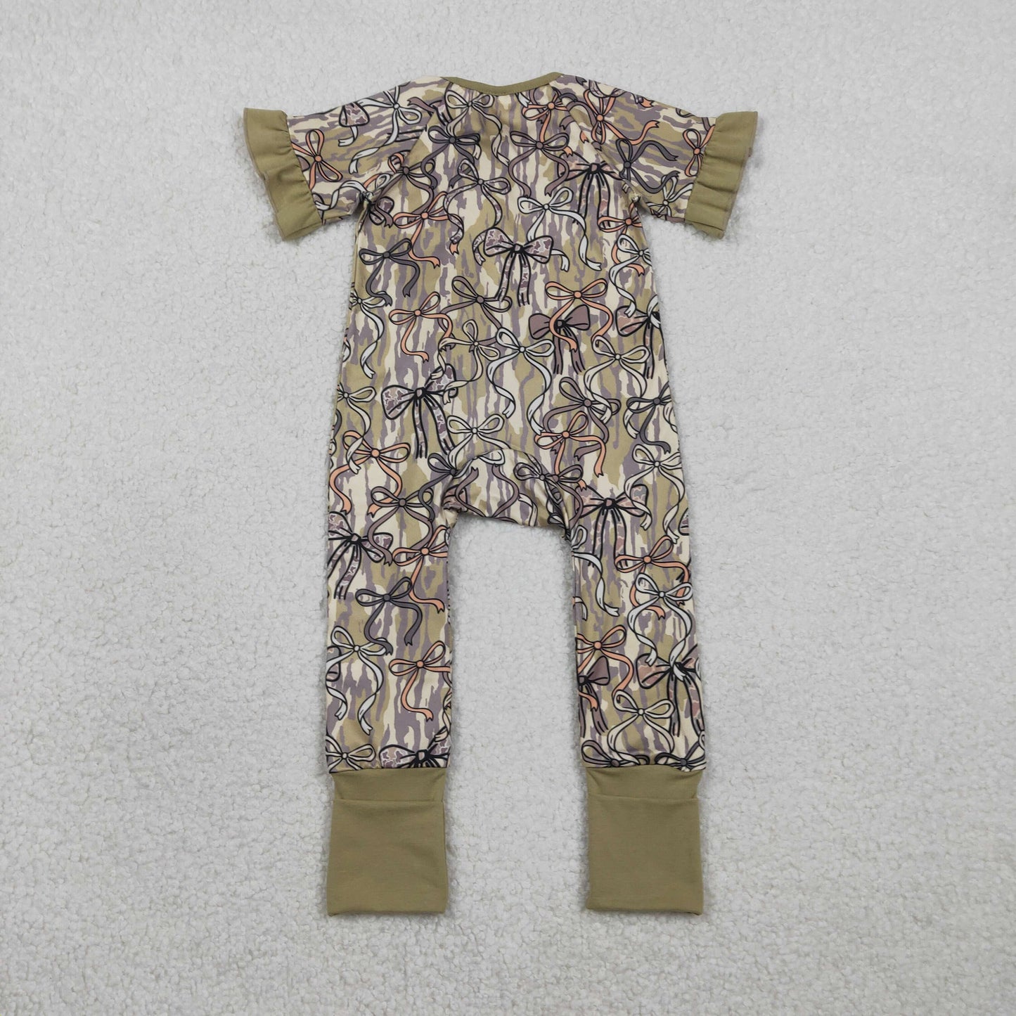SR3931 Bows Army Green Camouflage Ruffle Zip Short Sleeve Girls Romper 202602 RTS