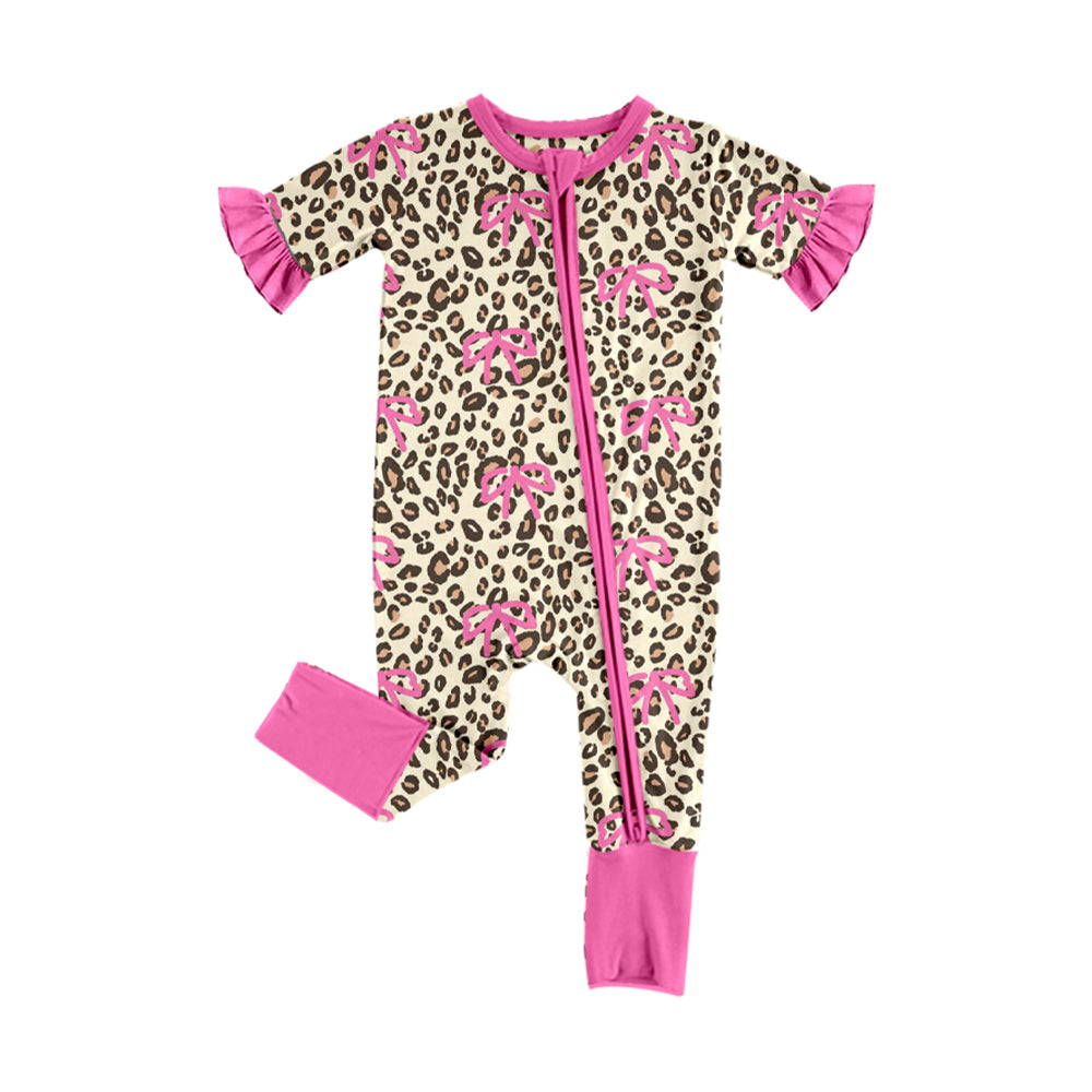 MOQ 5 PCS preorder SR3932 Rose Red Bows Leopard Ruffle Zip Short Sleeve Girls Romper 202601