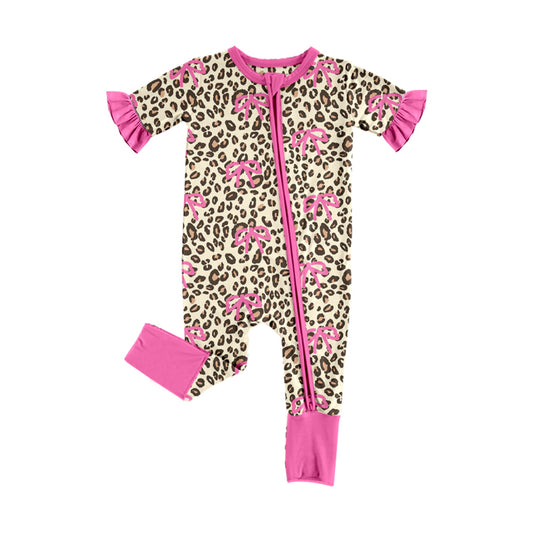 MOQ 5 PCS preorder SR3932 Rose Red Bows Leopard Ruffle Zip Short Sleeve Girls Romper 202601