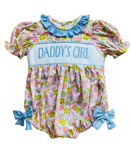 MOQ 5 PCS preorder SR3933 DADDY'S GIRL Flower Blue Ruffle Short Sleeve Girls Bubble Romper 202601