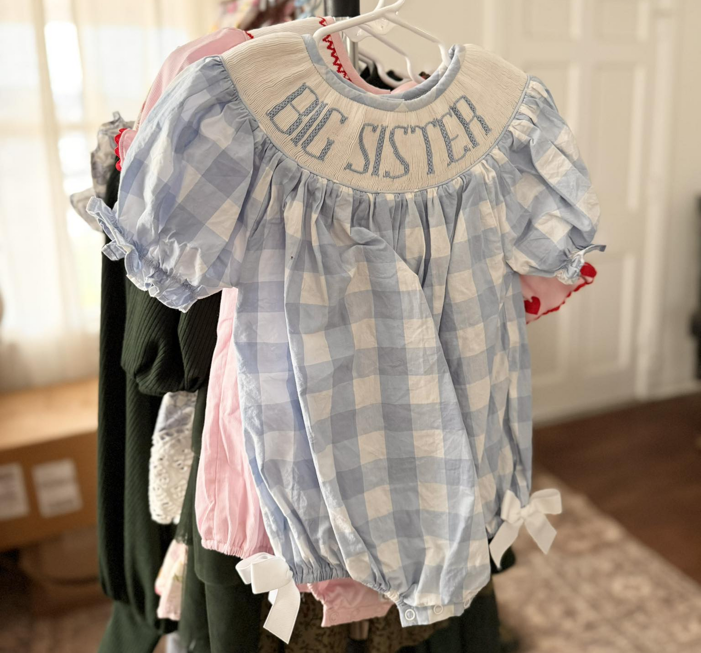 MOQ 5 PCS preorder SR3934 Big Sister Blue Plaid Short Sleeve Girls Bubble Romper 202601