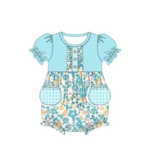 MOQ 5 PCS preorder SR3936 Flower Blue Plaid Pocket Short Sleeve Girls Bubble Romper 202601