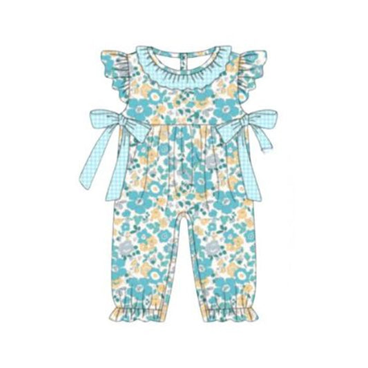 MOQ 5 PCS preorder SR3937 Flower Blue Plaid Bows Ruffle Flying Sleeve Girls Romper 202601