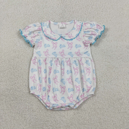 SR3938 Easter Pink Blue Bunny Bows Doll Collar Short Sleeve Girls Bubble Romper 202602 RTS