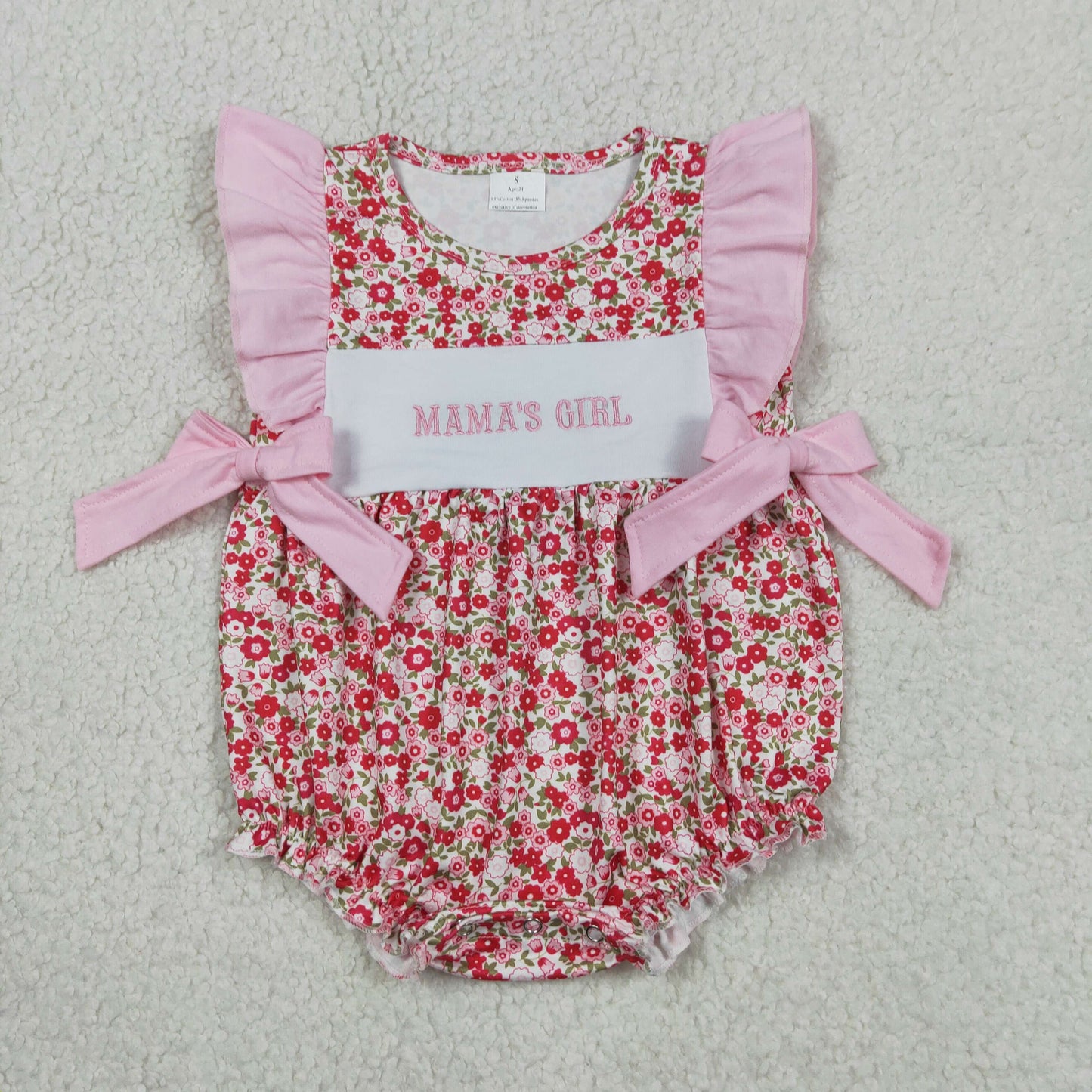 SR3939 Embroidered MAMA'S GIRL Flower Bows Pink Ruffle Sleeveless Girls Bubble Romper 202604 RTS