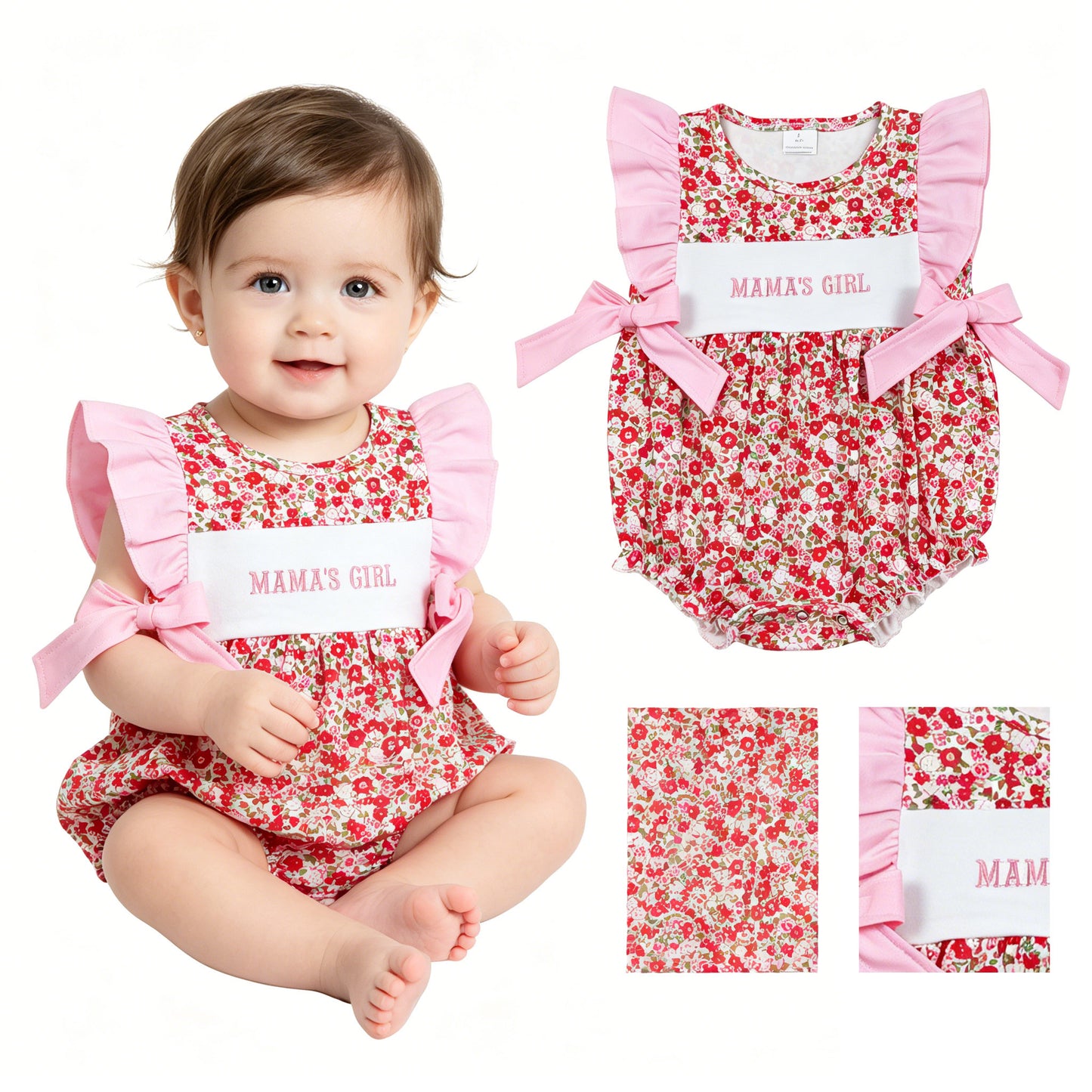 SR3939 Embroidered MAMA'S GIRL Flower Bows Pink Ruffle Sleeveless Girls Bubble Romper 202604 RTS