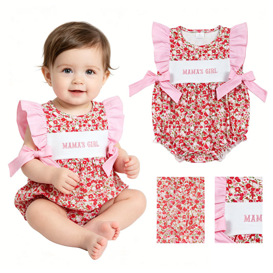 SR3939 Embroidered MAMA'S GIRL Flower Bows Pink Ruffle Sleeveless Girls Bubble Romper 202604 RTS