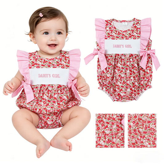 SR3940 Embroidered DADDY'S GIRL Flower Bows Pink Ruffle Sleeveless Girls Bubble Romper 202604 RTS