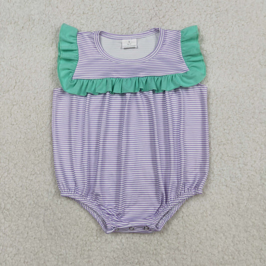SR3942 Blue Green Ruffle Purple Stripe Sleeveless Girls Bubble Romper 202603 RTS