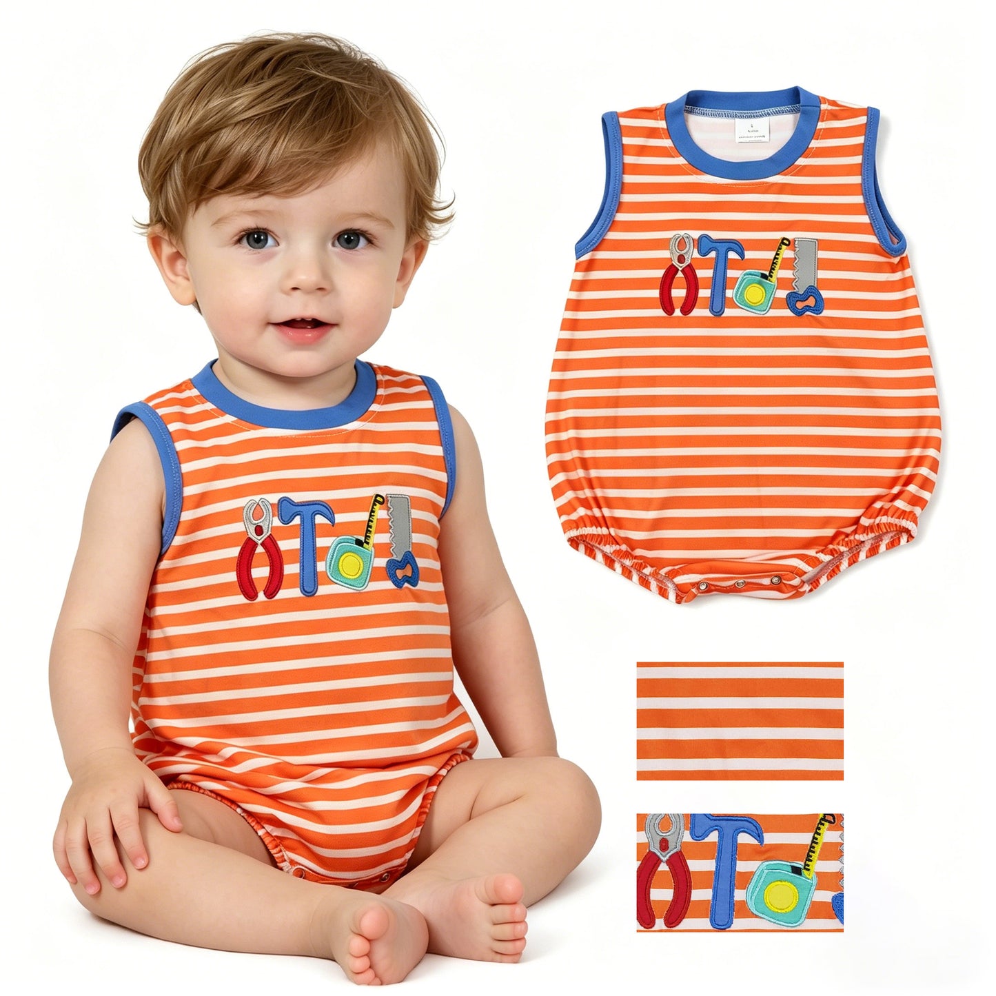 SR3943 Embroidered Wrench Hammer Tools Orange Stripe Sleeveless Boys Bubble Romper 202604 RTS