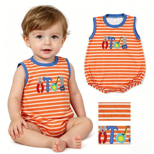 SR3943 Embroidered Wrench Hammer Tools Orange Stripe Sleeveless Boys Bubble Romper 202604 RTS