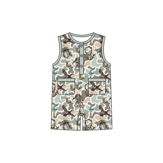 MOQ 5 PCS preorder SR3947 Puppy Duck Hunting Light Gray Green Camouflage Pocket Sleeveless Boys Romper 202601