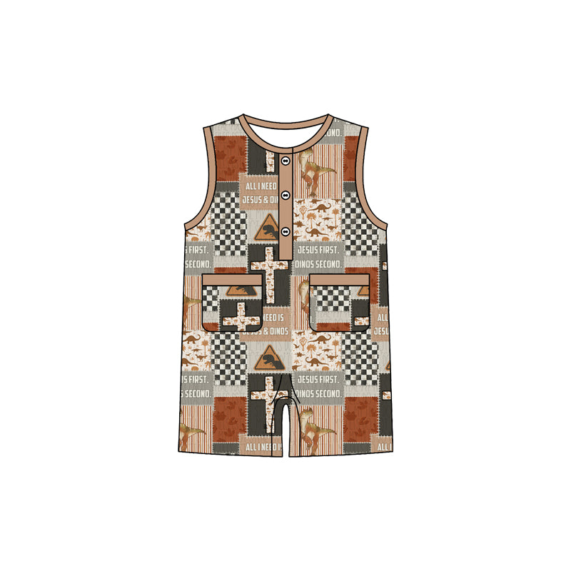 MOQ 5 PCS preorder SR3948 Easter Cross Plaid Brown Sleeveless Boys Romper 202601