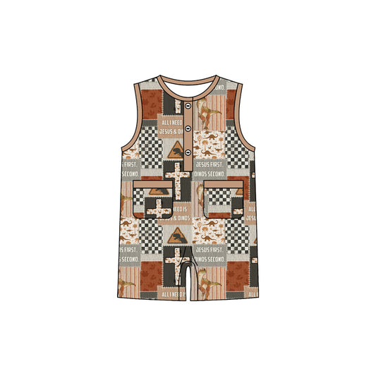 MOQ 5 PCS preorder SR3948 Easter Cross Plaid Brown Sleeveless Boys Romper 202601
