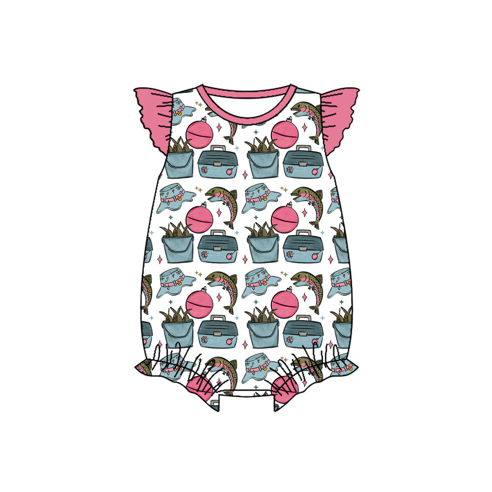 MOQ 5 PCS preorder SR3949 Fishing Pattern Rose Red Flying Sleeve Girls Bubble Romper 202601