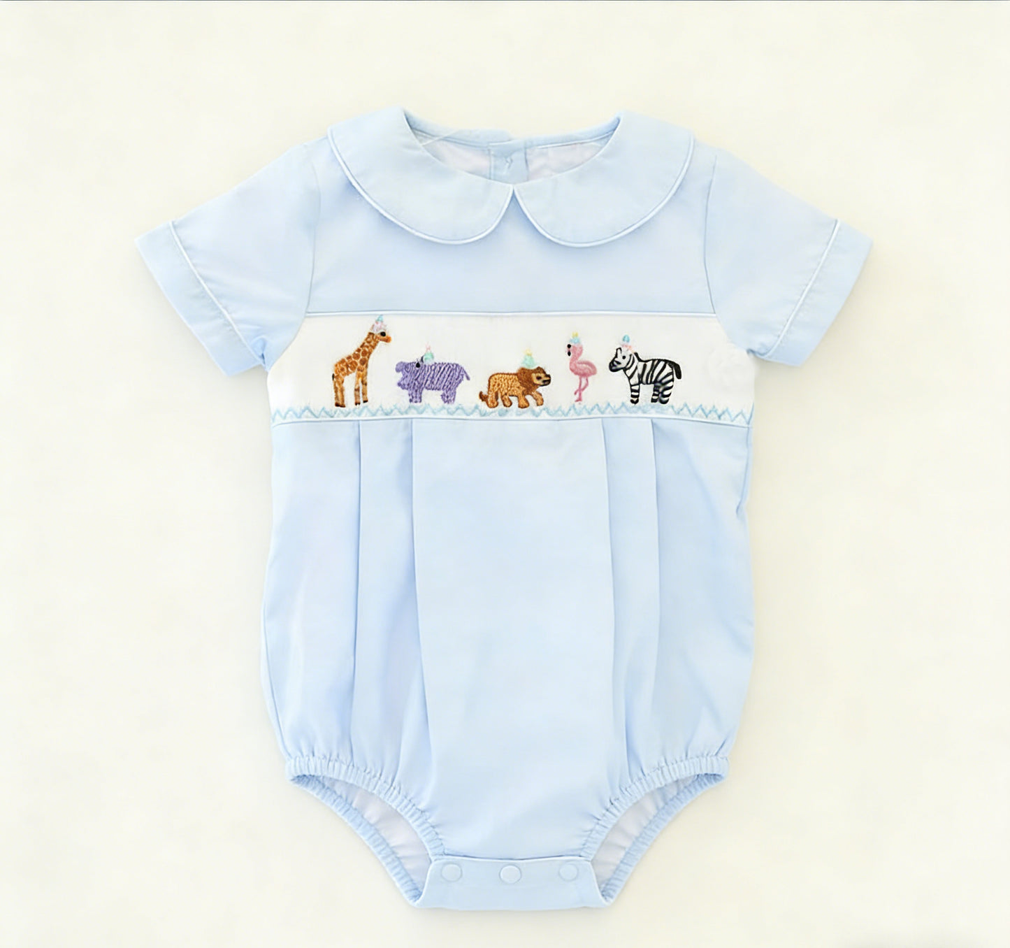 MOQ 5 PCS preorder SR3952 Giraffe Elephant Lion Animal Blue Doll Collar Short Sleeve Boys Bubble Romper 202601