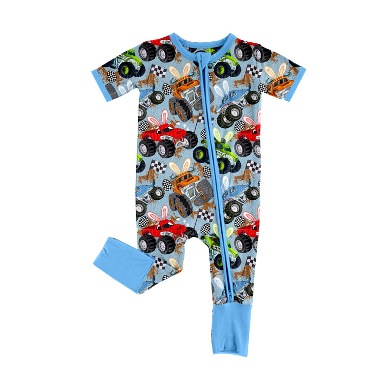 MOQ 5 PCS preorder SR3953 Easter Bunny Ears Off-Road Vehicle Blue Zipper Short Sleeve Boys Romper 202601