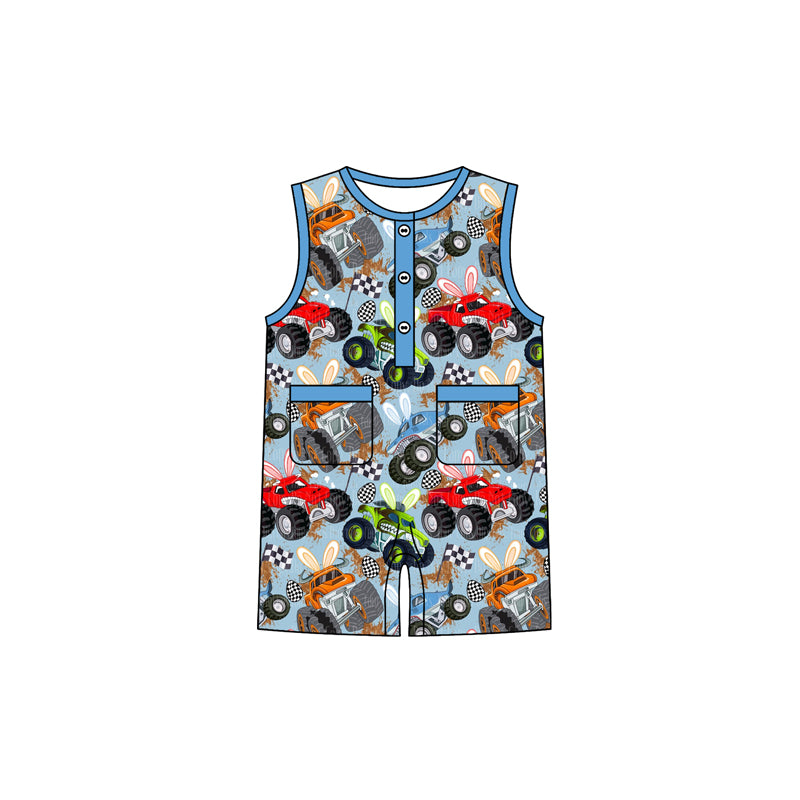 MOQ 5 PCS preorder SR3954 Easter Bunny Ears Off-Road Vehicle Blue Zipper Sleeveless Boys Romper 202601